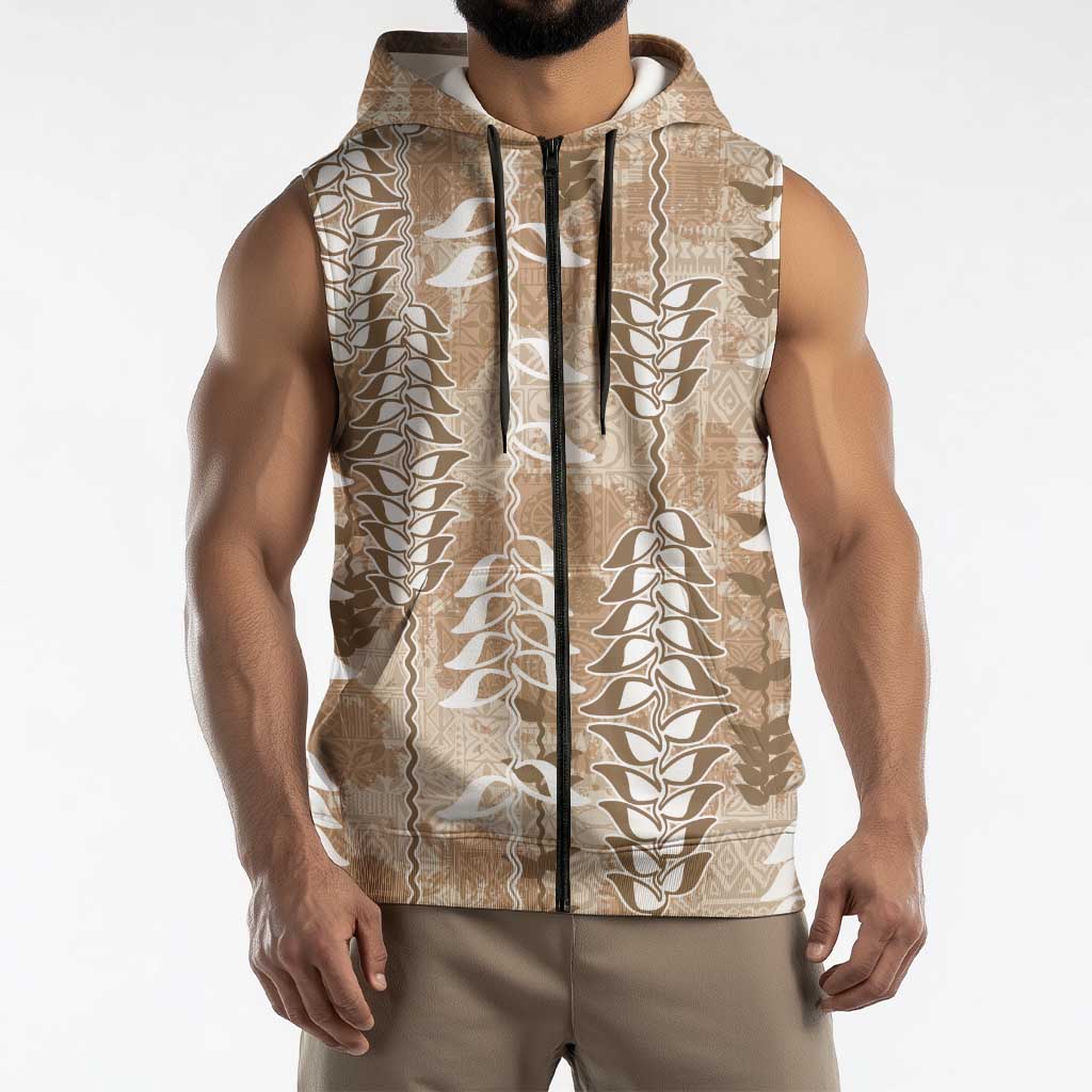 Beige Hawaii Tapa Pattern Sleeveless Zip Hoodie With Heliconia Vintage Style
