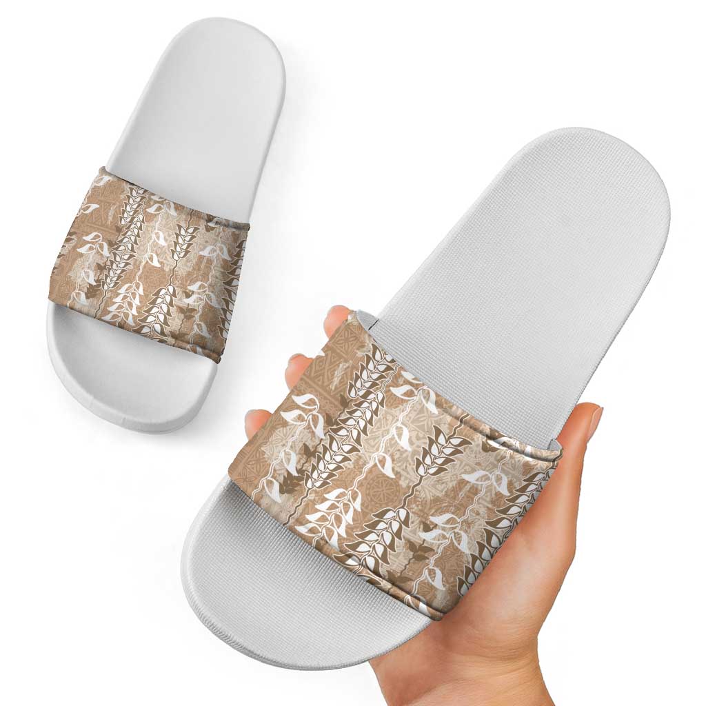 Beige Hawaii Tapa Pattern Slide Sandals With Heliconia Vintage Style