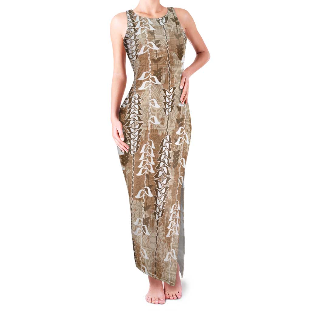 Beige Hawaii Tapa Pattern Tank Maxi Dress With Heliconia Vintage Style