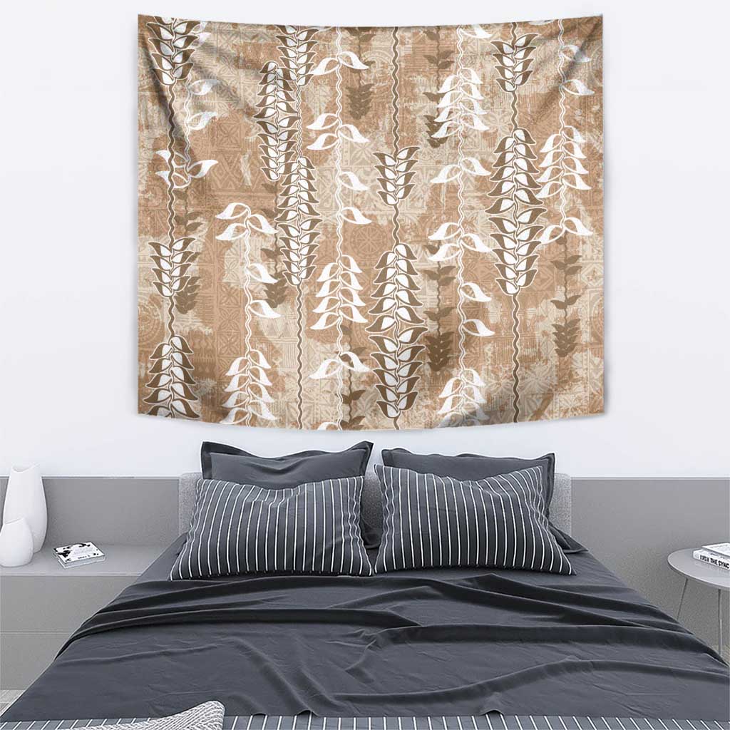 Beige Hawaii Tapa Pattern Tapestry With Heliconia Vintage Style