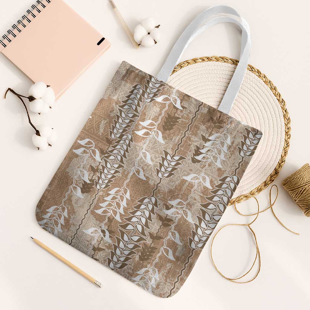Beige Hawaii Tapa Pattern Tote Bag With Heliconia Vintage Style