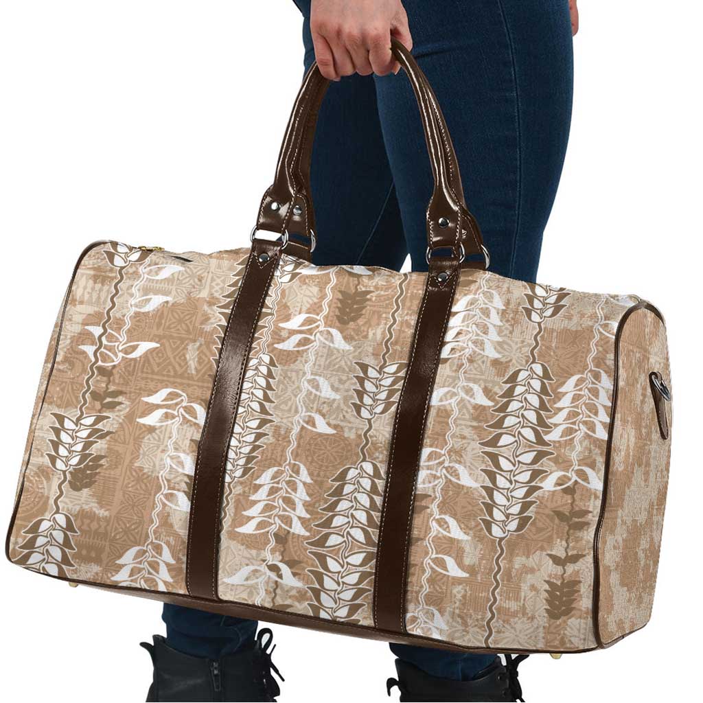 Beige Hawaii Tapa Pattern Travel Bag With Heliconia Vintage Style