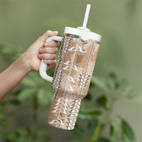 Beige Hawaii Tapa Pattern Tumbler With Handle With Heliconia Vintage Style
