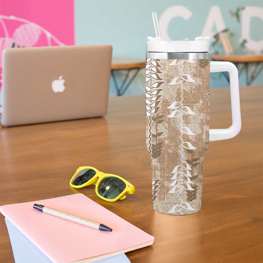 Beige Hawaii Tapa Pattern Tumbler With Handle With Heliconia Vintage Style