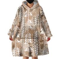 Beige Hawaii Tapa Pattern Wearable Blanket Hoodie With Heliconia Vintage Style