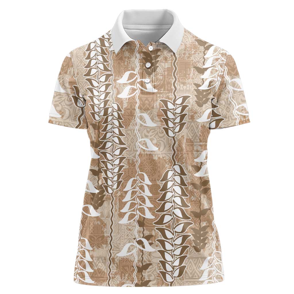 Beige Hawaii Tapa Pattern Women Polo Shirt With Heliconia Vintage Style