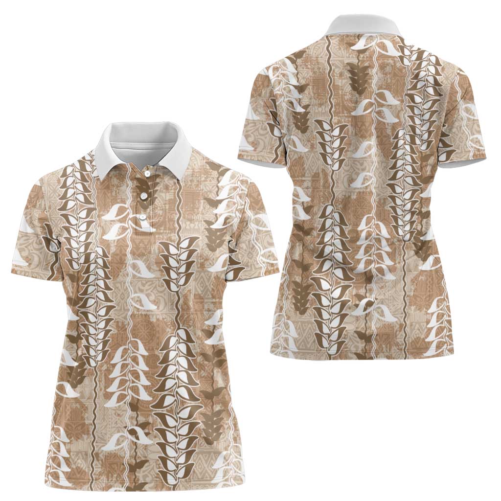 Beige Hawaii Tapa Pattern Women Polo Shirt With Heliconia Vintage Style