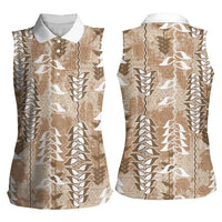 Beige Hawaii Tapa Pattern Women Sleeveless Polo Shirt With Heliconia Vintage Style