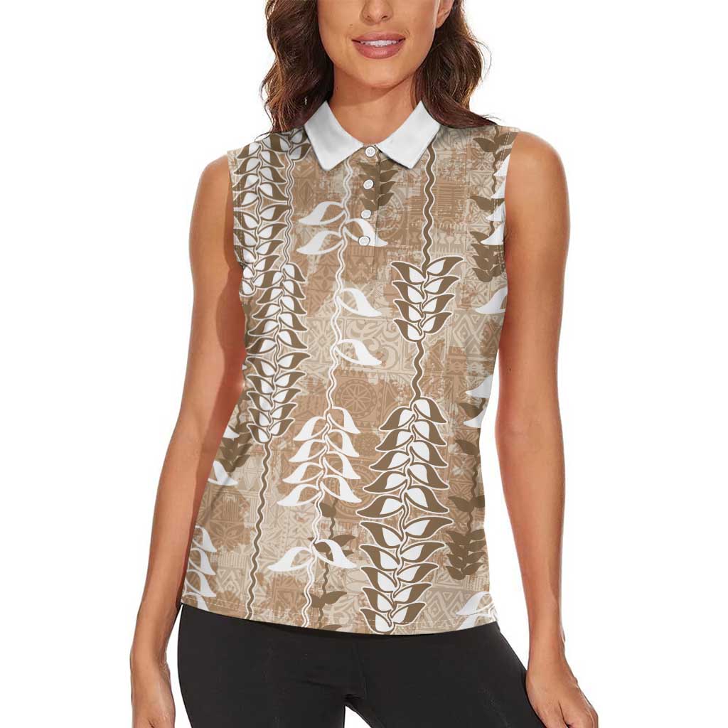Beige Hawaii Tapa Pattern Women Sleeveless Polo Shirt With Heliconia Vintage Style