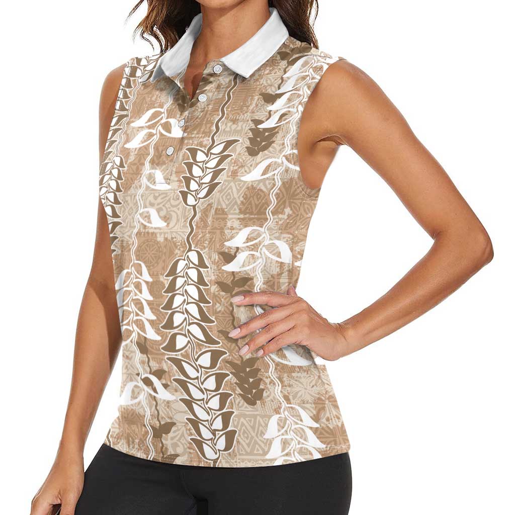 Beige Hawaii Tapa Pattern Women Sleeveless Polo Shirt With Heliconia Vintage Style