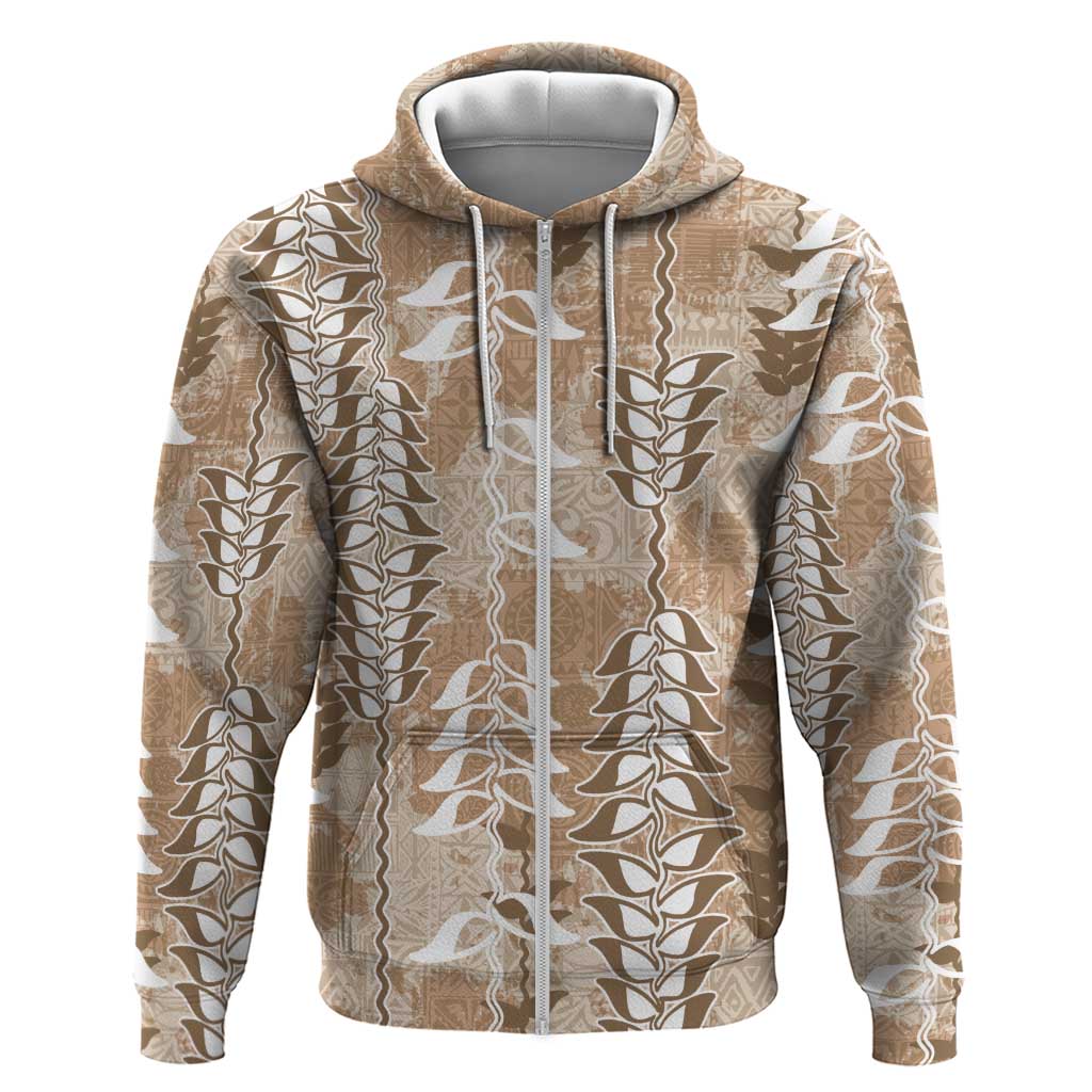 Beige Hawaii Tapa Pattern Zip Hoodie With Heliconia Vintage Style