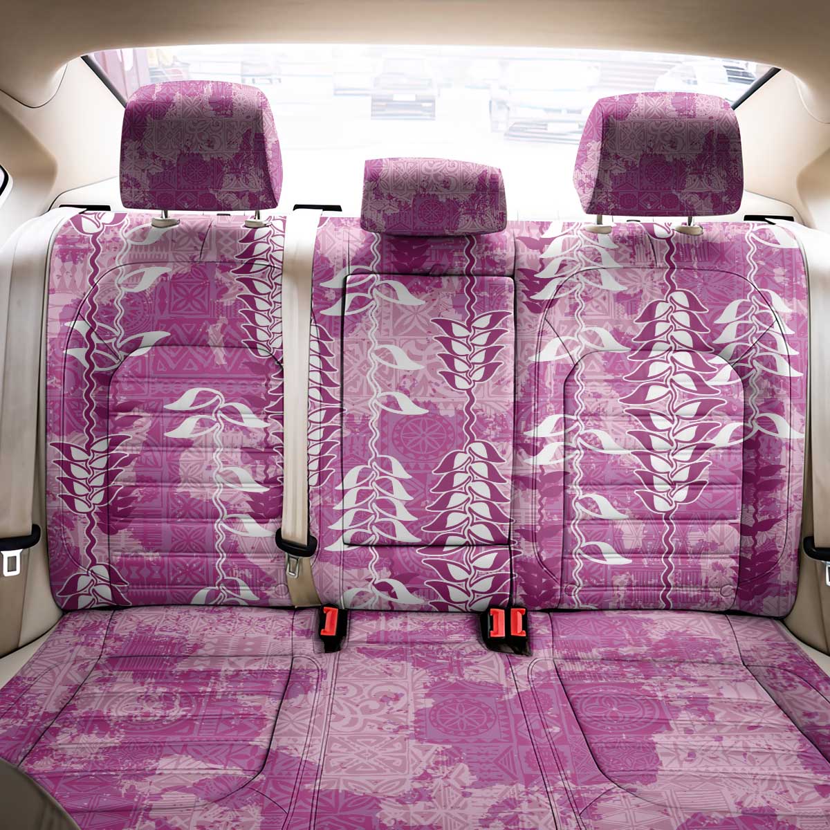 Magenta Hawaii Tapa Pattern Back Car Seat Cover With Heliconia Vintage Style