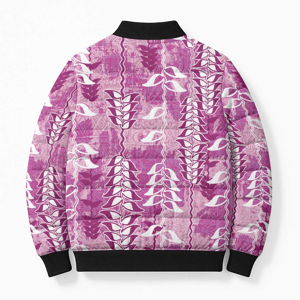 Magenta Hawaii Tapa Pattern Bomber Puffer Jacket With Heliconia Vintage Style