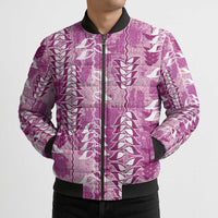 Magenta Hawaii Tapa Pattern Bomber Puffer Jacket With Heliconia Vintage Style