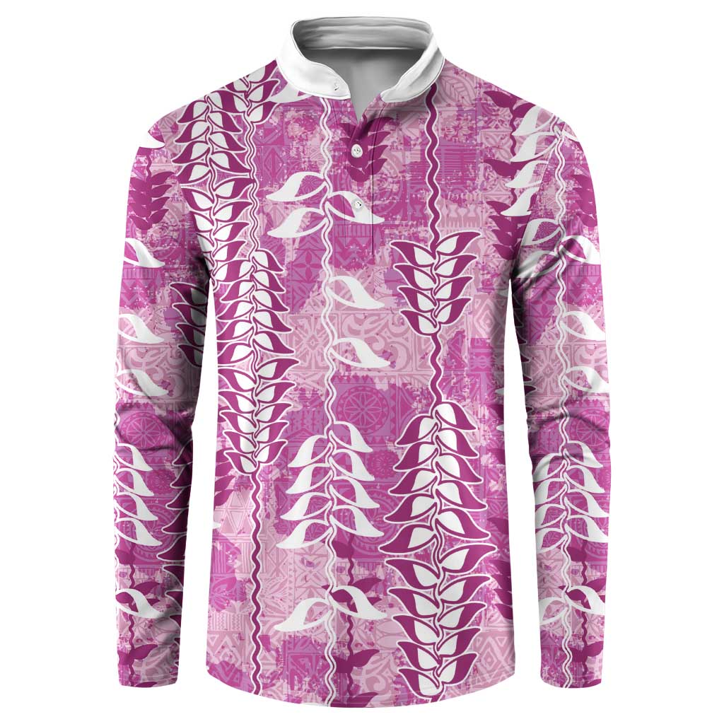 Magenta Hawaii Tapa Pattern Button Sweatshirt With Heliconia Vintage Style
