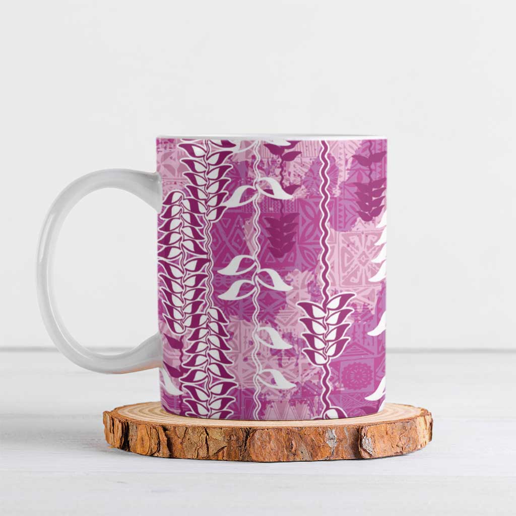 Magenta Hawaii Tapa Pattern Ceramic Mug With Heliconia Vintage Style