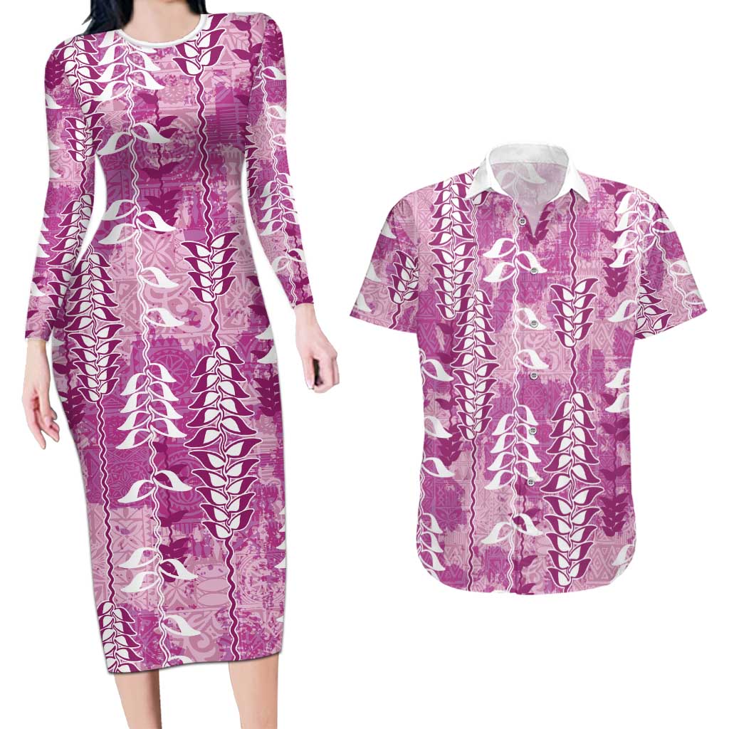 Magenta Hawaii Tapa Pattern Couples Matching Long Sleeve Bodycon Dress and Hawaiian Shirt With Heliconia Vintage Style LT05 Magenta - Polynesian Pride