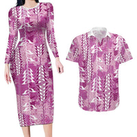 Magenta Hawaii Tapa Pattern Couples Matching Long Sleeve Bodycon Dress and Hawaiian Shirt With Heliconia Vintage Style LT05 Magenta - Polynesian Pride