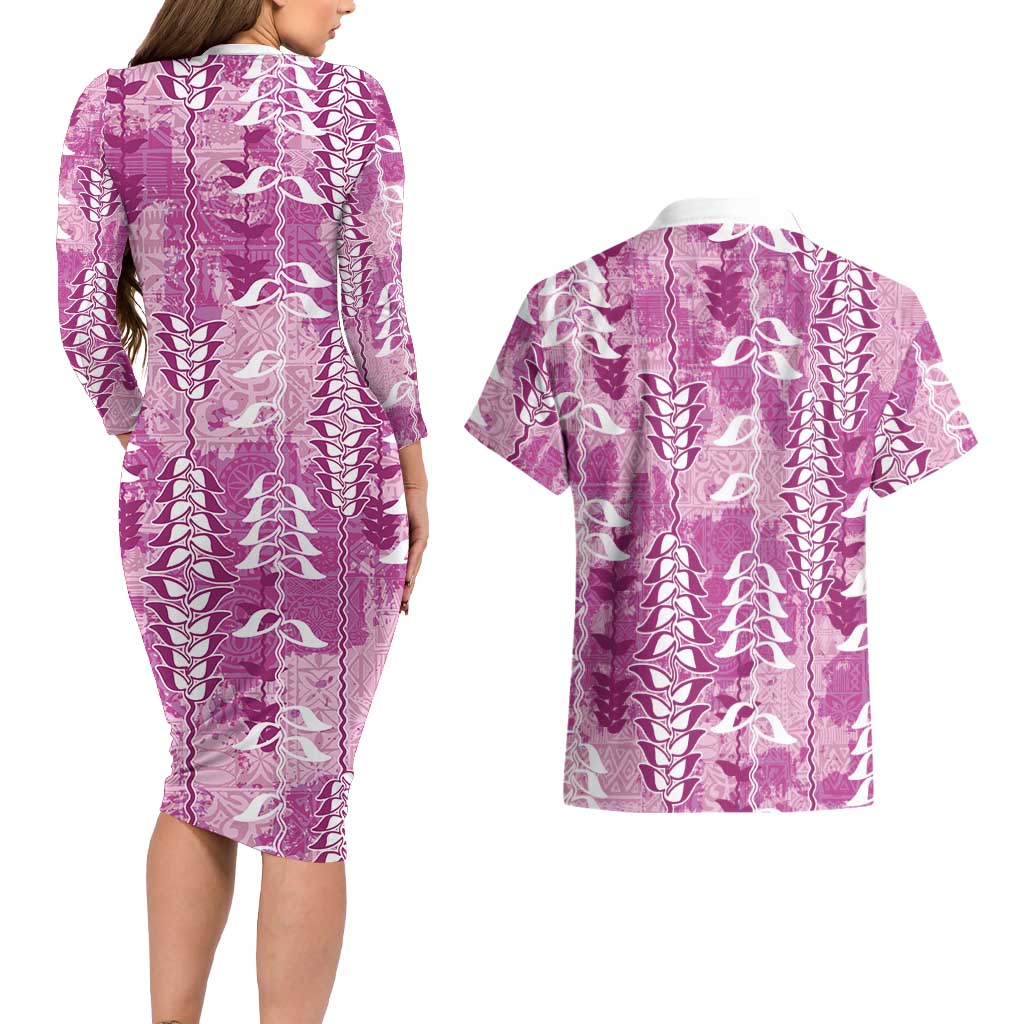 Magenta Hawaii Tapa Pattern Couples Matching Long Sleeve Bodycon Dress and Hawaiian Shirt With Heliconia Vintage Style LT05 - Polynesian Pride