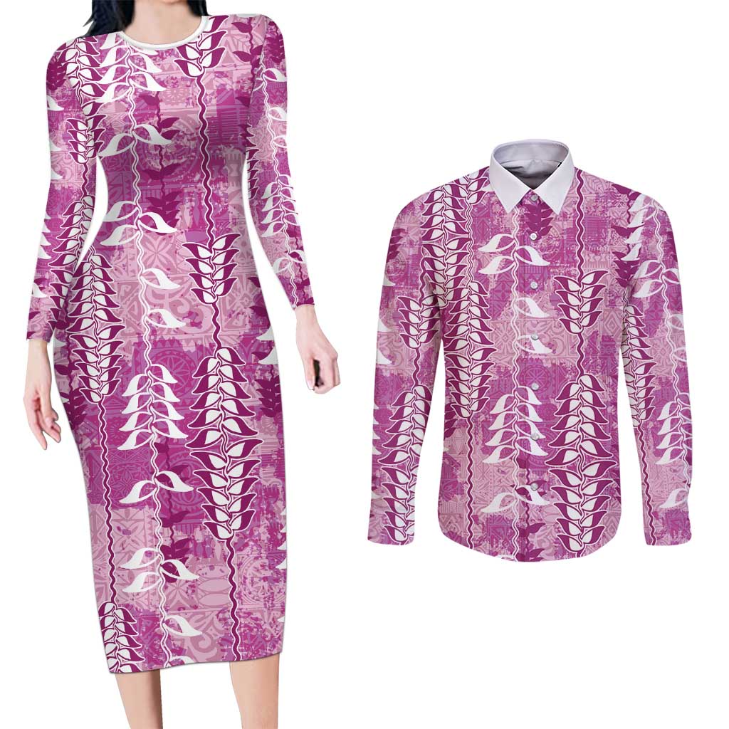 Magenta Hawaii Tapa Pattern Couples Matching Long Sleeve Bodycon Dress and Long Sleeve Button Shirt With Heliconia Vintage Style LT05 Magenta - Polynesian Pride