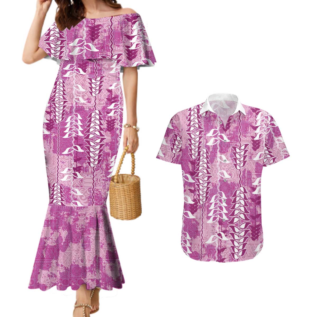 Magenta Hawaii Tapa Pattern Couples Matching Mermaid Dress and Hawaiian Shirt With Heliconia Vintage Style LT05 Magenta - Polynesian Pride