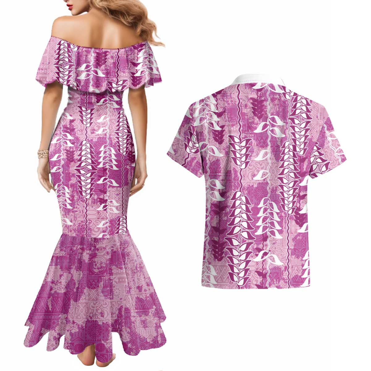 Magenta Hawaii Tapa Pattern Couples Matching Mermaid Dress and Hawaiian Shirt With Heliconia Vintage Style LT05 - Polynesian Pride