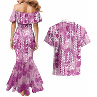 Magenta Hawaii Tapa Pattern Couples Matching Mermaid Dress and Hawaiian Shirt With Heliconia Vintage Style LT05 - Polynesian Pride