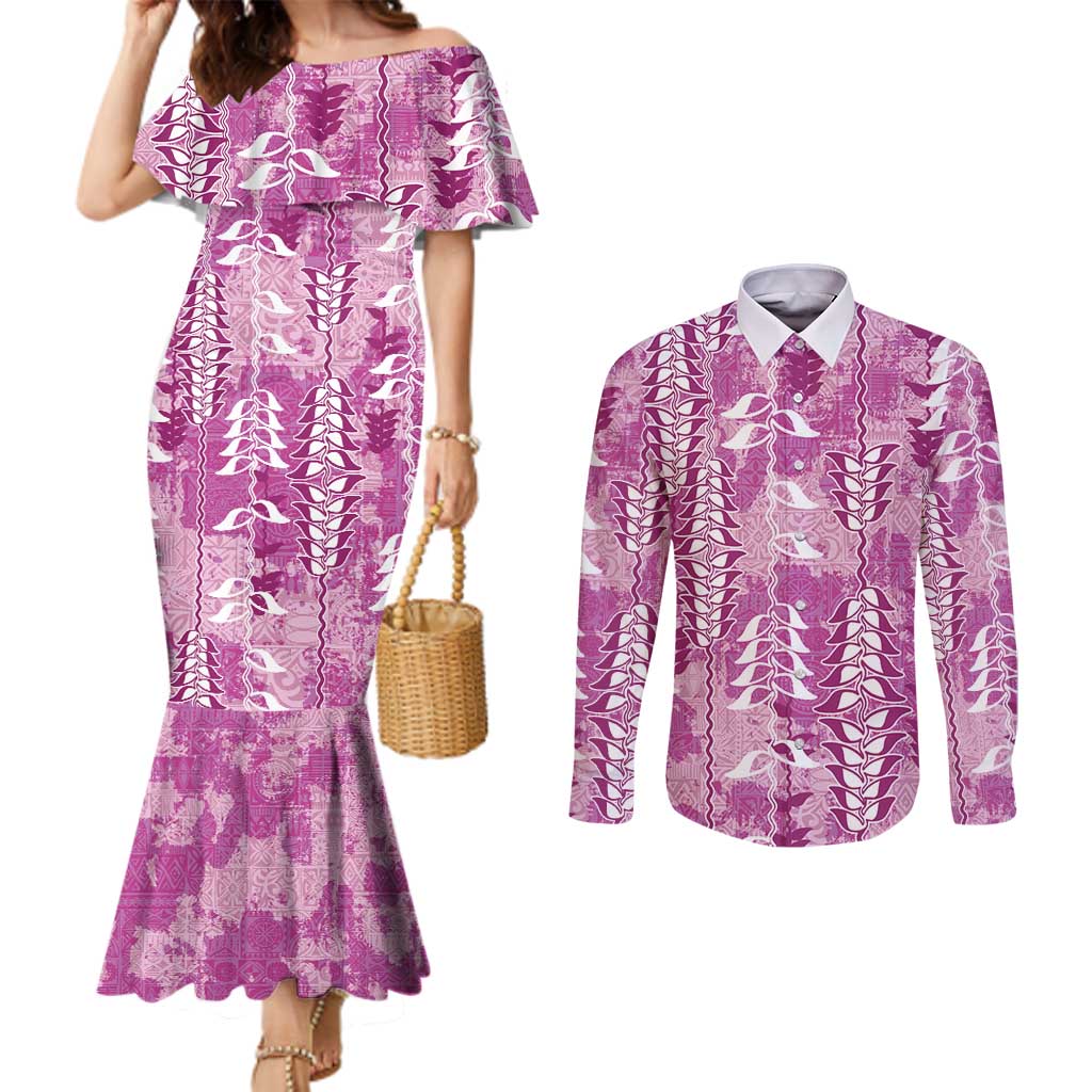 Magenta Hawaii Tapa Pattern Couples Matching Mermaid Dress and Long Sleeve Button Shirt With Heliconia Vintage Style LT05 Magenta - Polynesian Pride