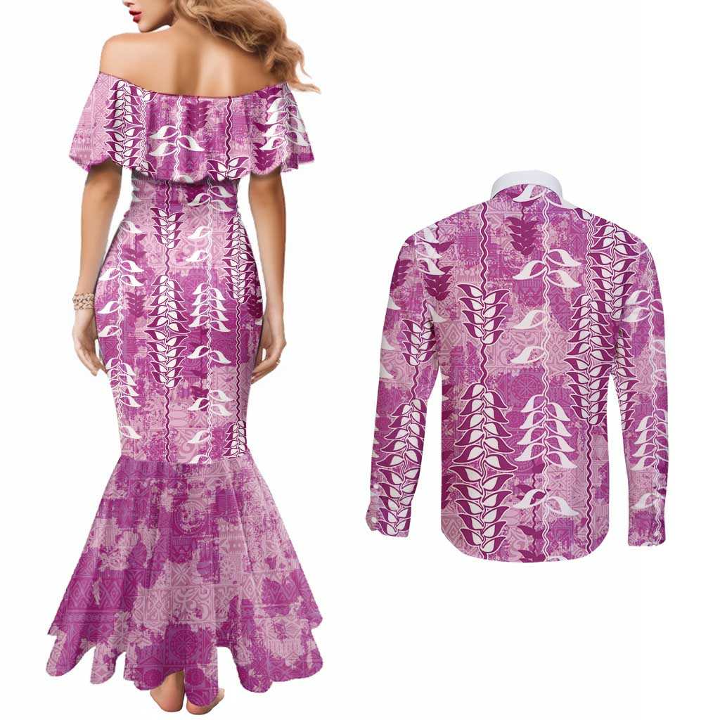 Magenta Hawaii Tapa Pattern Couples Matching Mermaid Dress and Long Sleeve Button Shirt With Heliconia Vintage Style