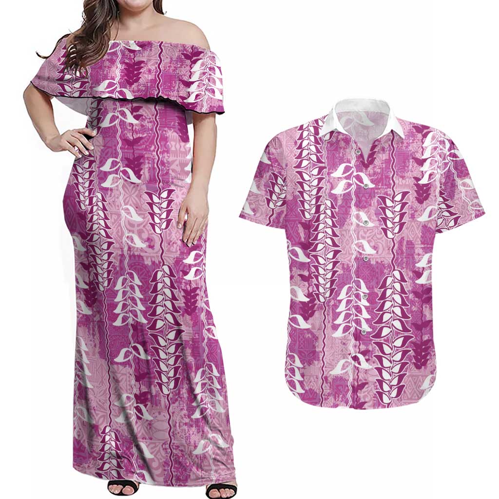 Magenta Hawaii Tapa Pattern Couples Matching Off Shoulder Maxi Dress and Hawaiian Shirt With Heliconia Vintage Style LT05 Magenta - Polynesian Pride