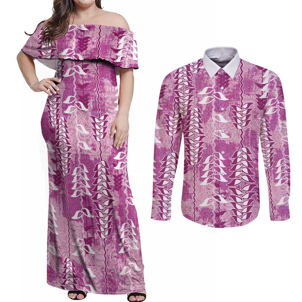 Magenta Hawaii Tapa Pattern Couples Matching Off Shoulder Maxi Dress and Long Sleeve Button Shirt With Heliconia Vintage Style LT05 Magenta - Polynesian Pride