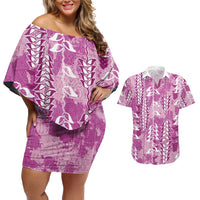 Magenta Hawaii Tapa Pattern Couples Matching Off Shoulder Short Dress and Hawaiian Shirt With Heliconia Vintage Style LT05 Magenta - Polynesian Pride