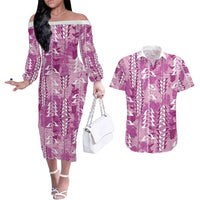 Magenta Hawaii Tapa Pattern Couples Matching Off The Shoulder Long Sleeve Dress and Hawaiian Shirt With Heliconia Vintage Style LT05 Magenta - Polynesian Pride