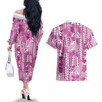Magenta Hawaii Tapa Pattern Couples Matching Off The Shoulder Long Sleeve Dress and Hawaiian Shirt With Heliconia Vintage Style LT05 - Polynesian Pride