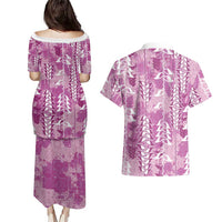 Magenta Hawaii Tapa Pattern Couples Matching Puletasi and Hawaiian Shirt With Heliconia Vintage Style