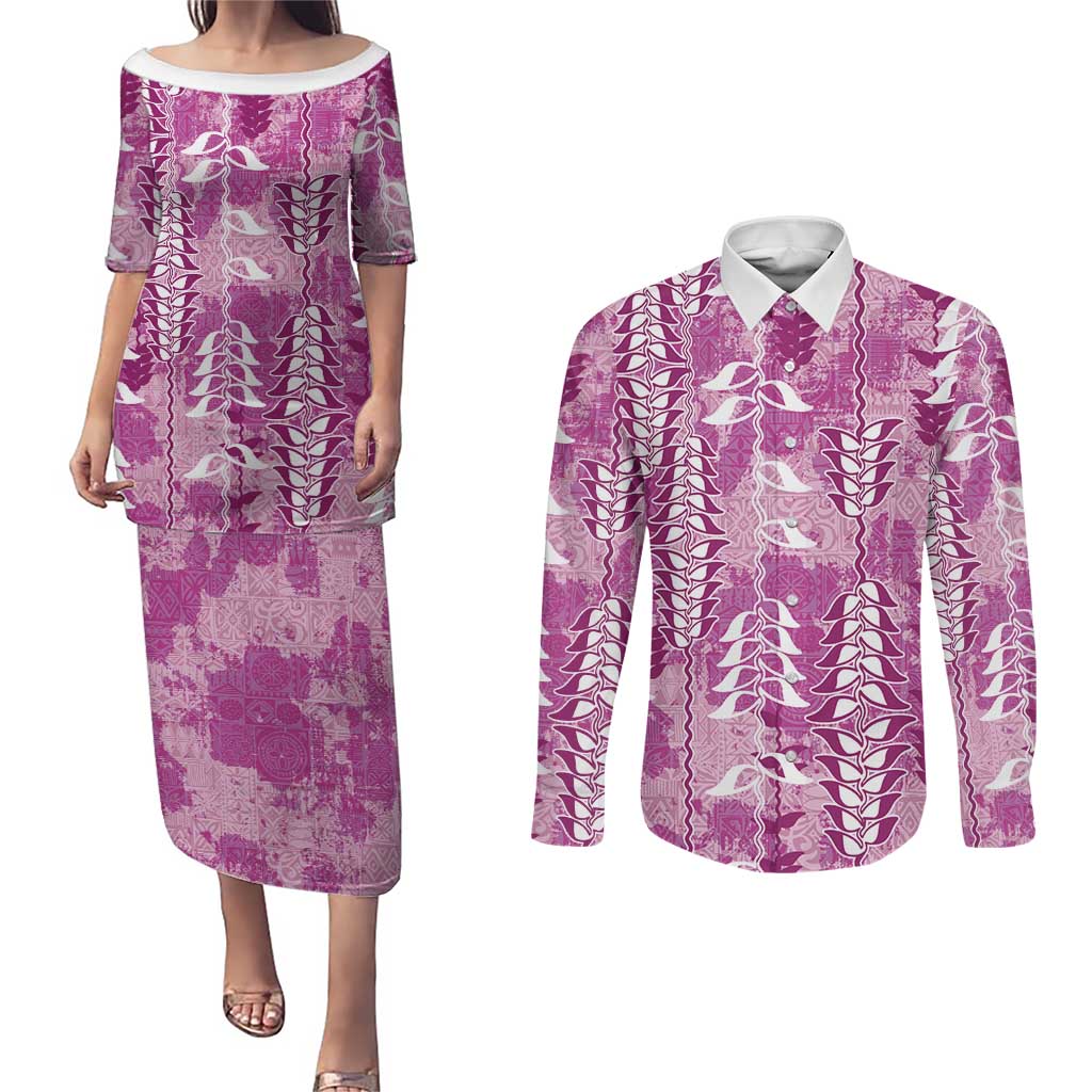 Magenta Hawaii Tapa Pattern Couples Matching Puletasi and Long Sleeve Button Shirt With Heliconia Vintage Style LT05 Magenta - Polynesian Pride