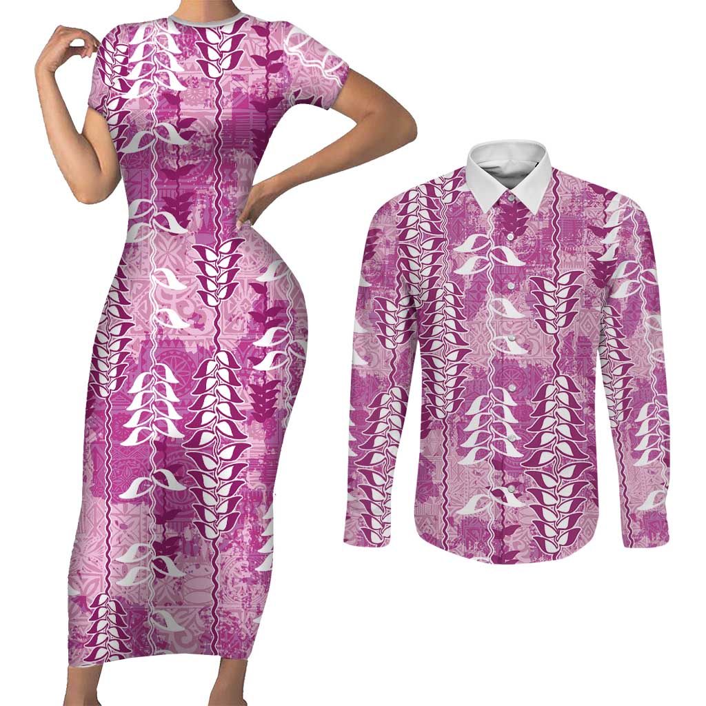 Magenta Hawaii Tapa Pattern Couples Matching Short Sleeve Bodycon Dress and Long Sleeve Button Shirt With Heliconia Vintage Style LT05 Magenta - Polynesian Pride