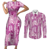 Magenta Hawaii Tapa Pattern Couples Matching Short Sleeve Bodycon Dress and Long Sleeve Button Shirt With Heliconia Vintage Style LT05 Magenta - Polynesian Pride