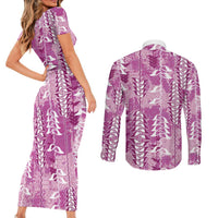 Magenta Hawaii Tapa Pattern Couples Matching Short Sleeve Bodycon Dress and Long Sleeve Button Shirt With Heliconia Vintage Style LT05 - Polynesian Pride