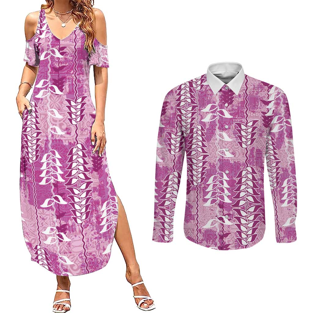 Magenta Hawaii Tapa Pattern Couples Matching Summer Maxi Dress and Long Sleeve Button Shirt With Heliconia Vintage Style LT05 Magenta - Polynesian Pride