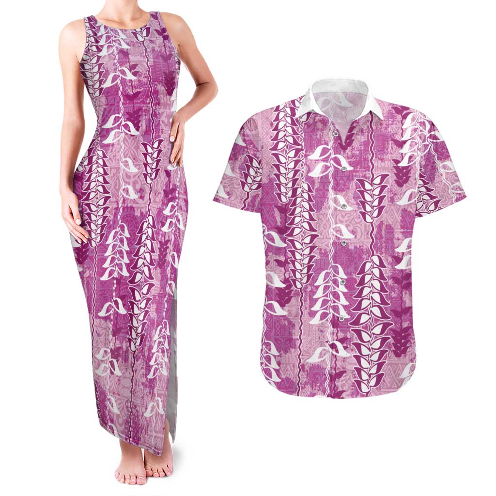 Magenta Hawaii Tapa Pattern Couples Matching Tank Maxi Dress and Hawaiian Shirt With Heliconia Vintage Style LT05 Magenta - Polynesian Pride