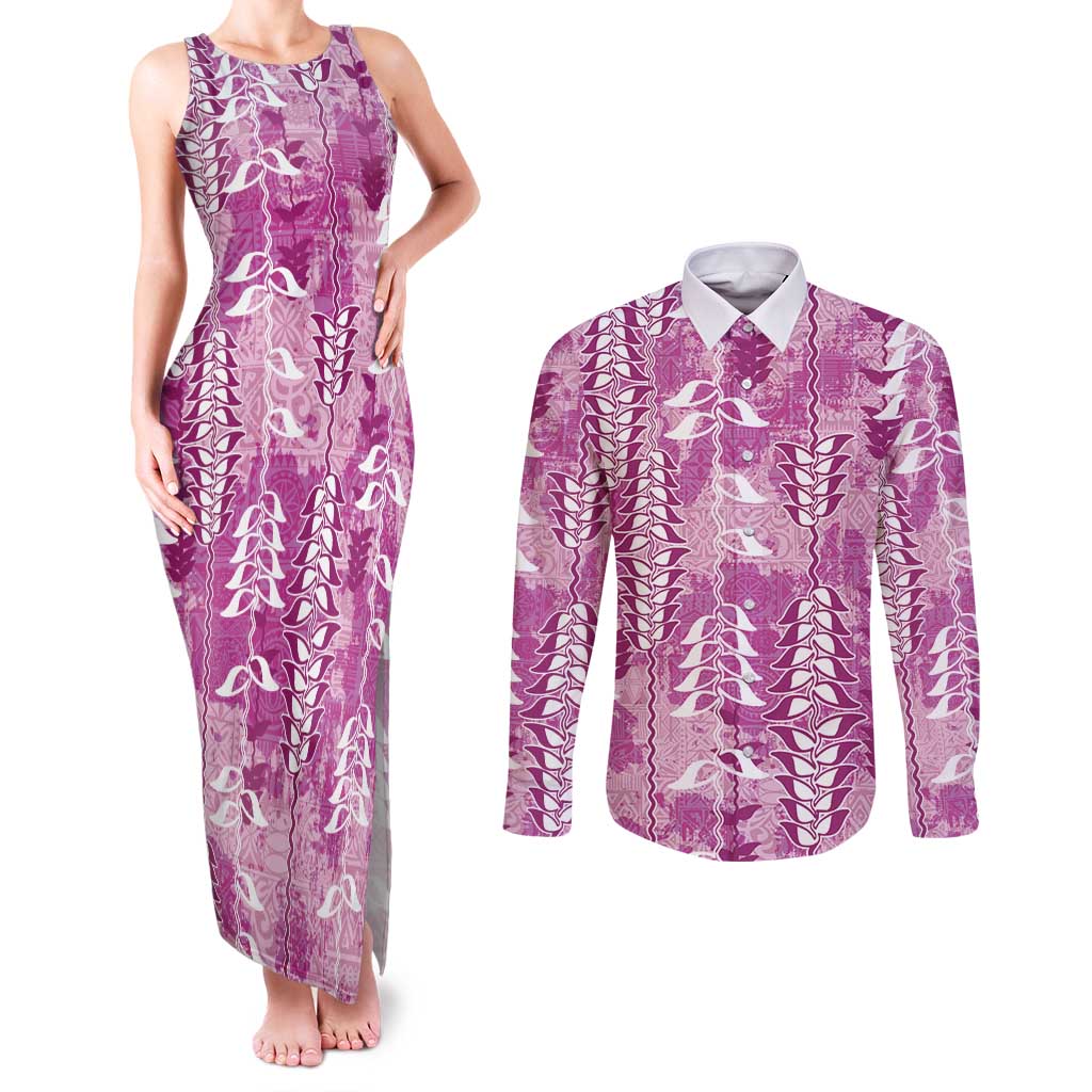 Magenta Hawaii Tapa Pattern Couples Matching Tank Maxi Dress and Long Sleeve Button Shirt With Heliconia Vintage Style LT05 Magenta - Polynesian Pride