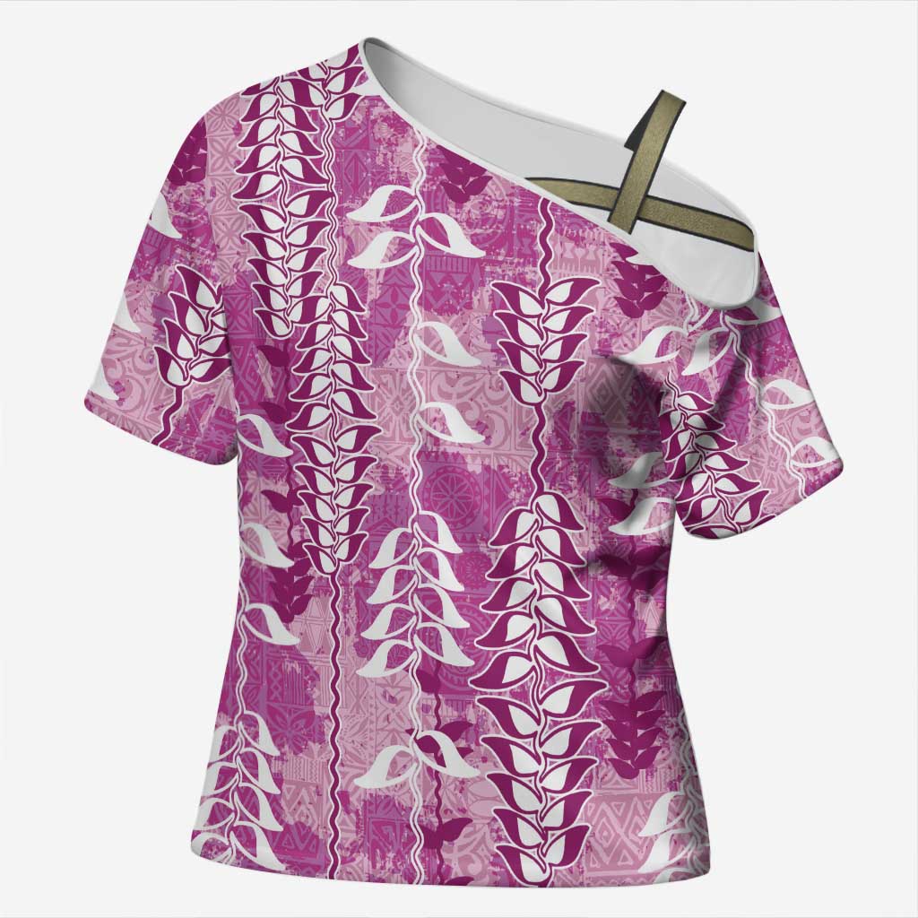 Magenta Hawaii Tapa Pattern Cross Shoulder Shirt With Heliconia Vintage Style