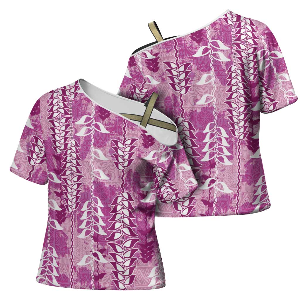 Magenta Hawaii Tapa Pattern Cross Shoulder Shirt With Heliconia Vintage Style