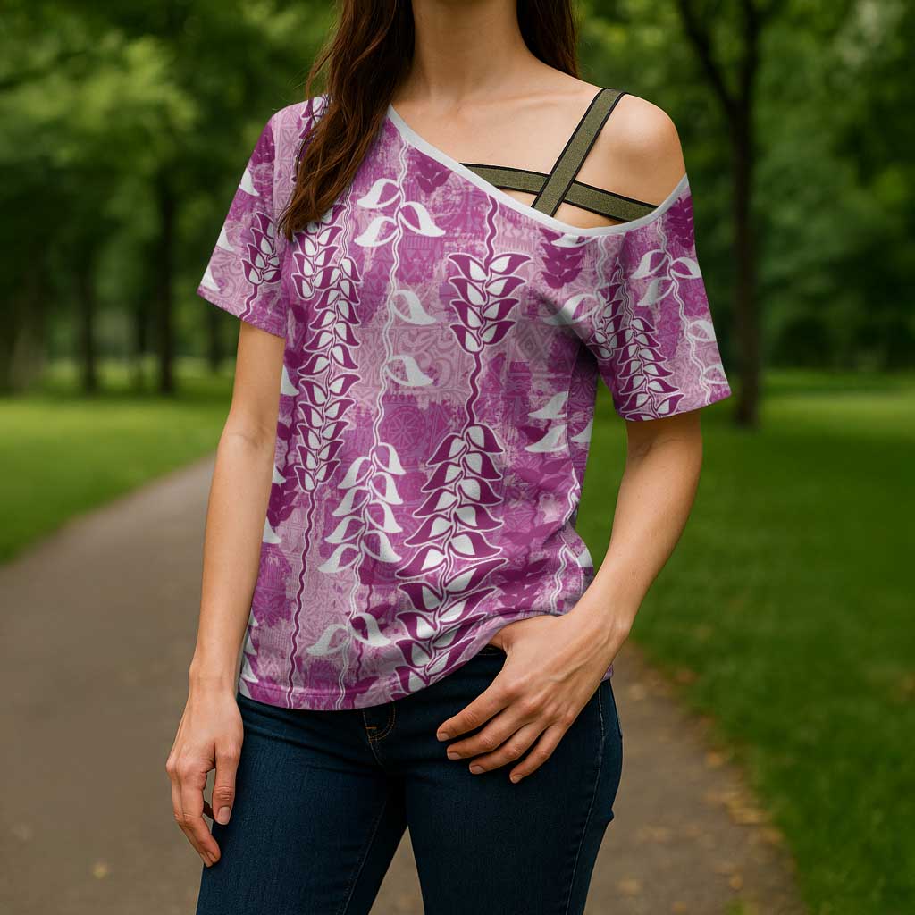 Magenta Hawaii Tapa Pattern Cross Shoulder Shirt With Heliconia Vintage Style