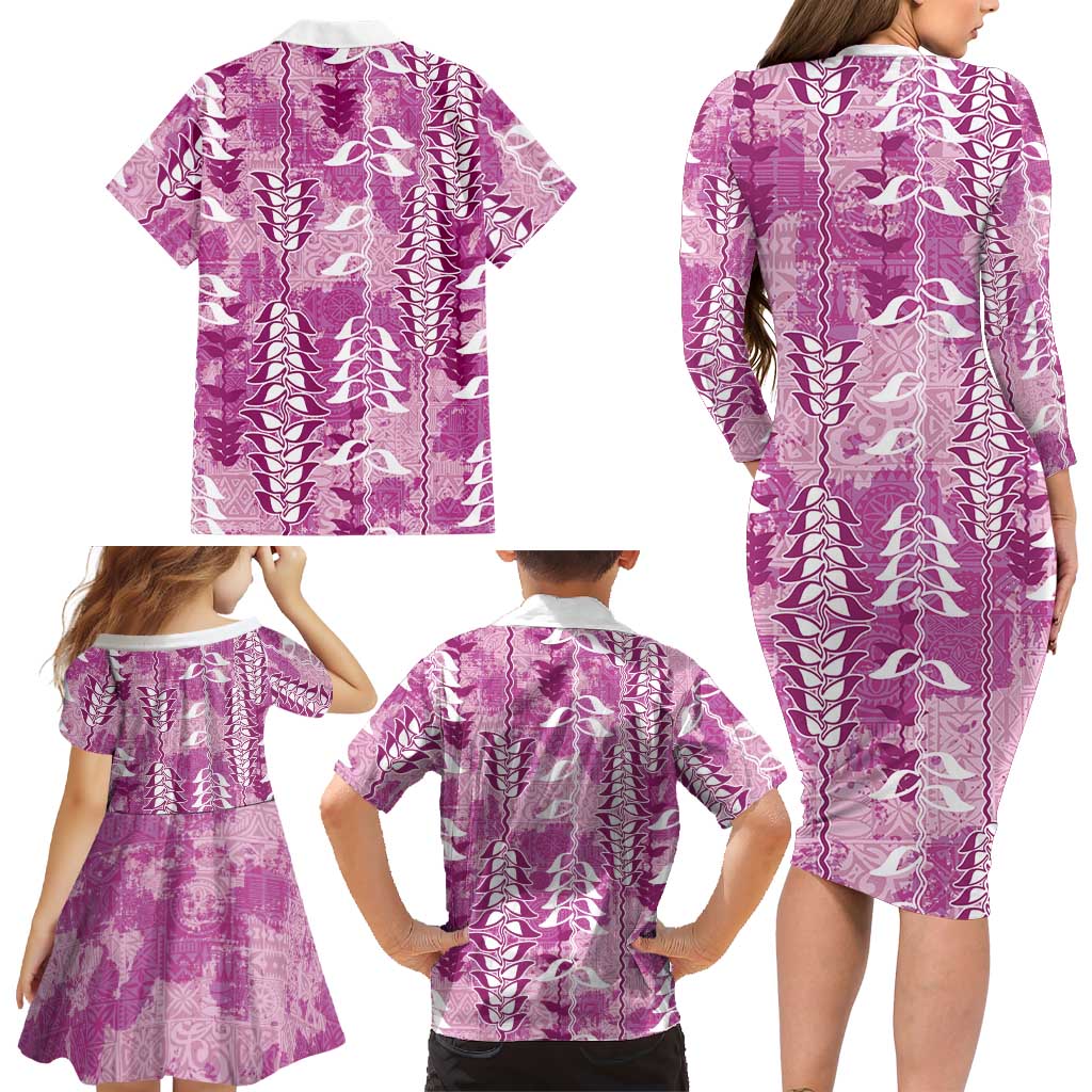Magenta Hawaii Tapa Pattern Family Matching Long Sleeve Bodycon Dress and Hawaiian Shirt With Heliconia Vintage Style LT05 - Polynesian Pride