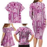 Magenta Hawaii Tapa Pattern Family Matching Long Sleeve Bodycon Dress and Hawaiian Shirt With Heliconia Vintage Style LT05 - Polynesian Pride