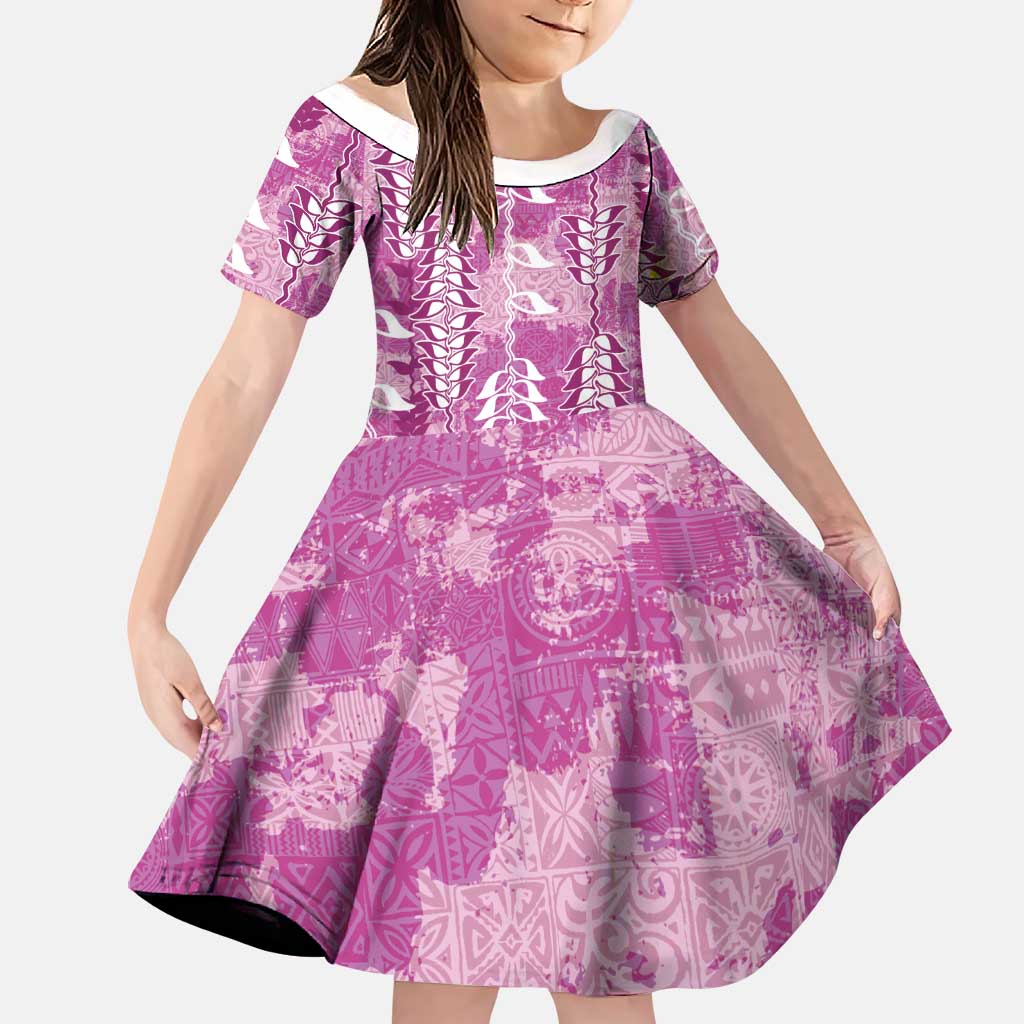 Magenta Hawaii Tapa Pattern Family Matching Mermaid Dress and Hawaiian Shirt With Heliconia Vintage Style LT05 Daughter's Dress Magenta - Polynesian Pride