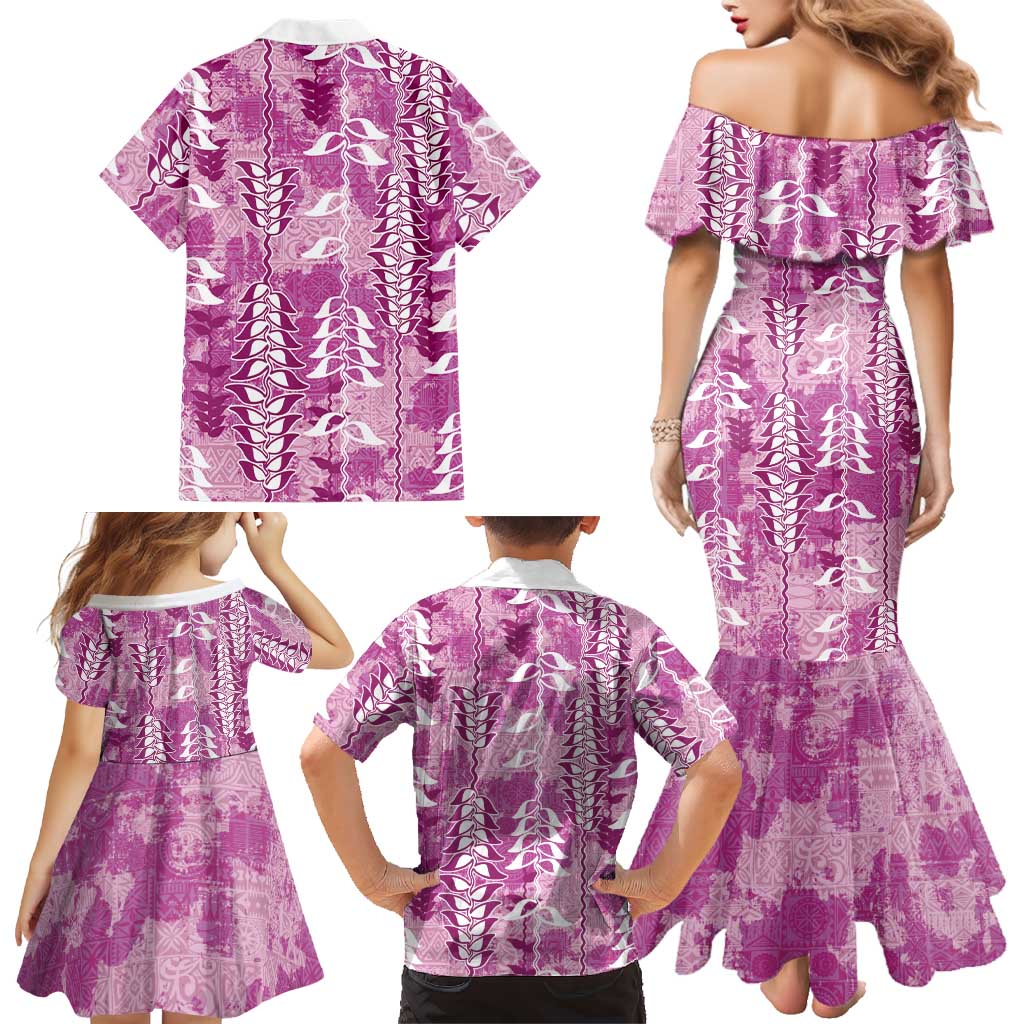 Magenta Hawaii Tapa Pattern Family Matching Mermaid Dress and Hawaiian Shirt With Heliconia Vintage Style LT05 - Polynesian Pride