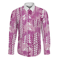 Magenta Hawaii Tapa Pattern Family Matching Off The Shoulder Long Sleeve Dress and Hawaiian Shirt With Heliconia Vintage Style LT05 Dad's Shirt - Long Sleeve Magenta - Polynesian Pride
